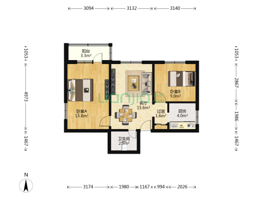 知春路56号院 2室1厅1卫 69平方