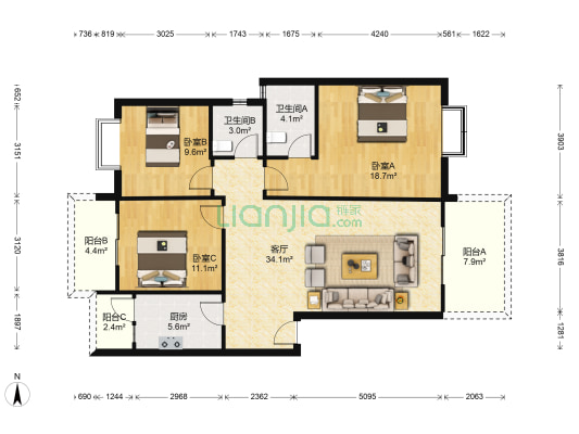 美景嘉园 3室1厅2卫 117平方