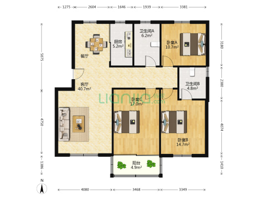 凤南新村 3室1厅2卫 121平方