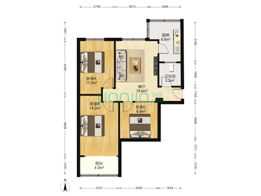 兰州轴承厂家属院（光华街） 3室1厅1卫 86平方