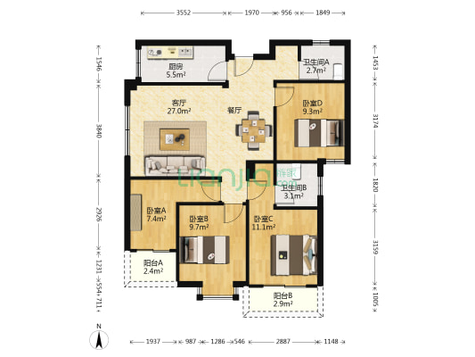 联榕小区 4室1厅2卫 108平方