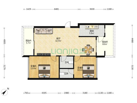 怡海豪庭 2室1厅2卫 104平方