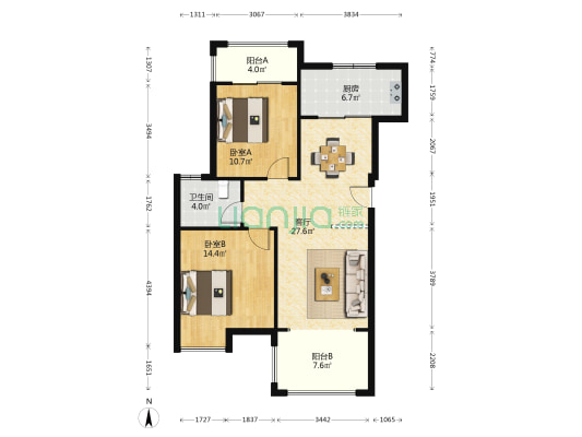 水木天成朝庭 2室1厅1卫 91平方