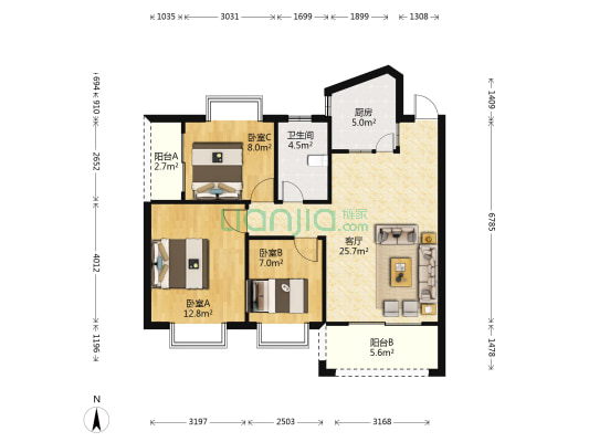 尚城景苑 3室1厅1卫 92平方