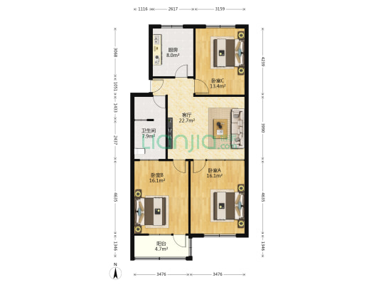 剧团宿舍 3室1厅1卫 104平方