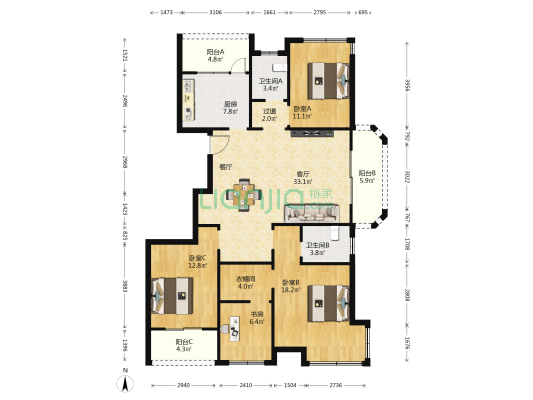 星源名苑 4室1厅2卫 141平方