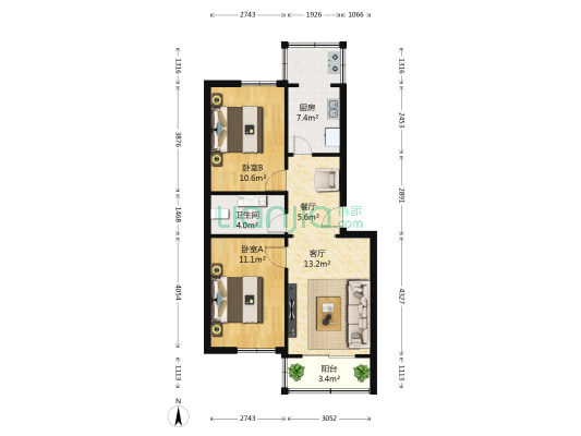 果园235号院 2室2厅1卫 75平方