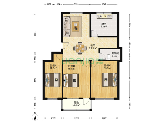 人民西路29号 3室1厅1卫 108平方