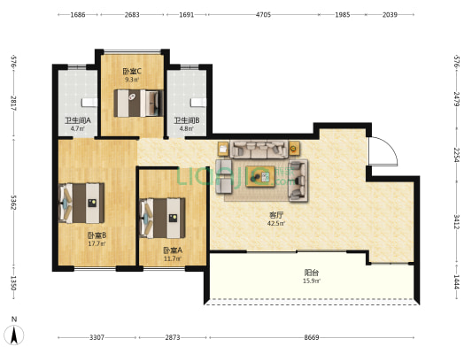 远洋·万和世家 3室1厅2卫 131平方