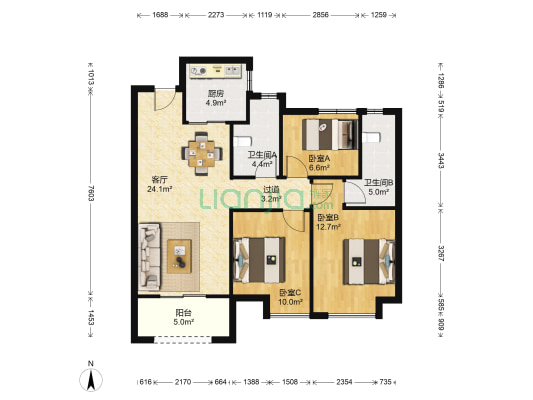 北辰蔚蓝城市 3室1厅2卫 102平方