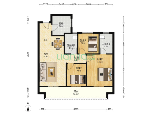 荣华公园四季 3室1厅2卫 102平方