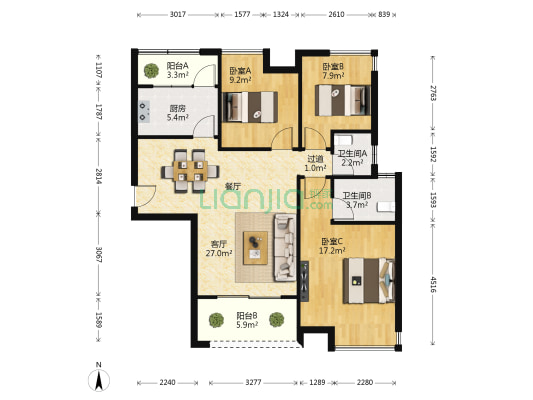 商城凤凰印象 3室1厅2卫 113平方