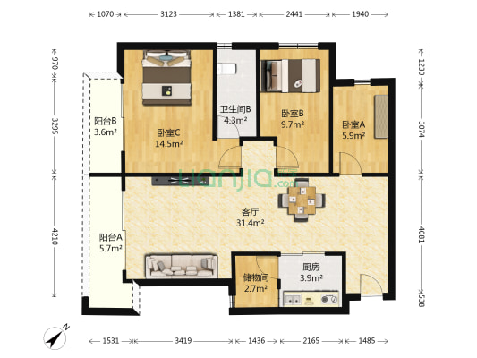 嘉信城市花园嘉兆台 3室1厅1卫 107平方