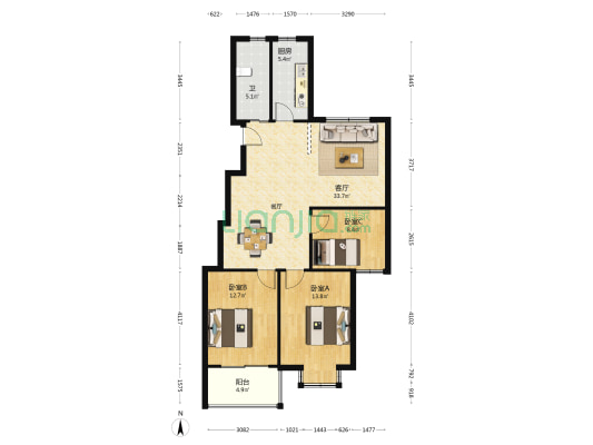 灯塔小区 3室1厅1卫 103平方