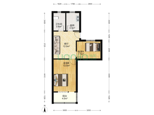 田园公寓 2室1厅1卫 55平方