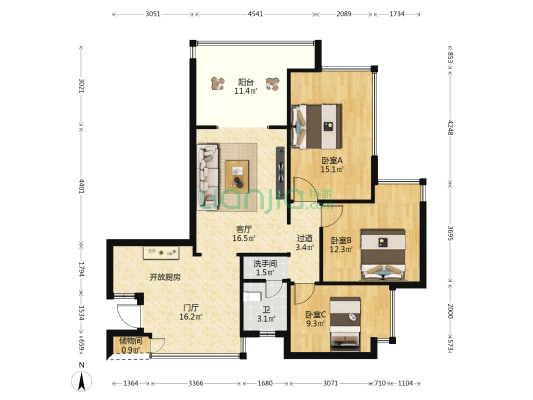 碧海蓝天 3室1厅2卫 84平方
