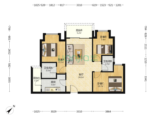 吾悦首府 3室1厅2卫 91平方