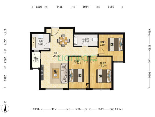 珠江东都国际 3室1厅1卫 88平方
