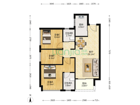 万科金域中央 3室1厅2卫 88平方