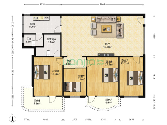 锰矿商住楼 4室1厅2卫 142平方