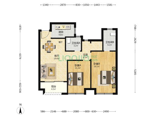 中交荣域D区 2室1厅2卫 96平方