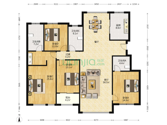 江山万里三期 4室1厅3卫 169平方