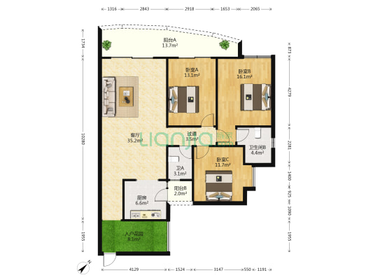 晟大海湾城 3室1厅2卫 126平方
