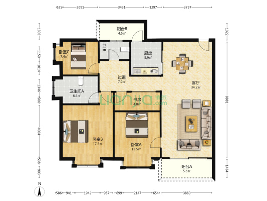 天宝花园 4室1厅2卫 120平方