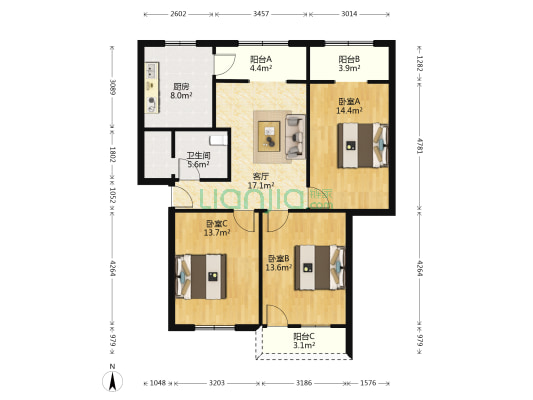 卫生厅宿舍区 3室1厅1卫 81平方