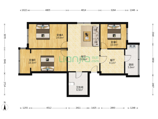 华香春小区 3室2厅1卫 112平方