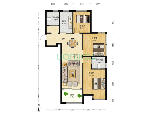 星河湾 3室1厅2卫 111平方