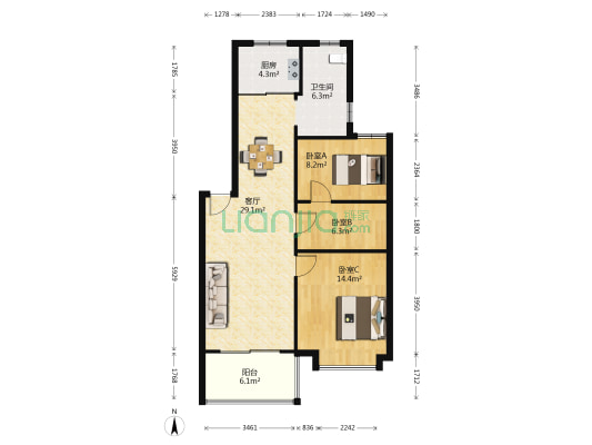 紫薇花园东园 3室1厅1卫 95平方