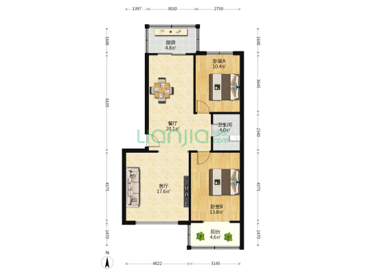 欧特花园 2室2厅1卫 91平方