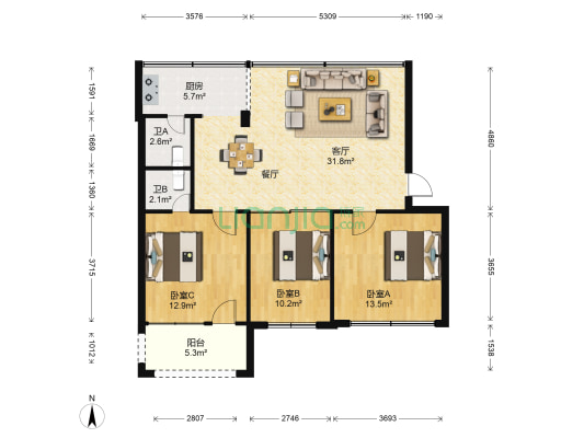 福建省商业学校教工宿舍 3室1厅2卫 96平方
