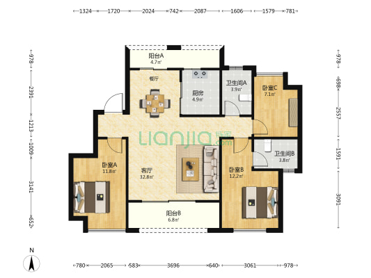 中海叁号院C区 3室1厅2卫 105平方