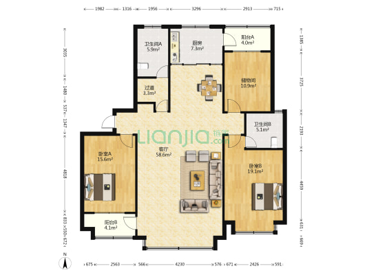 高新花园 2室1厅2卫 184平方