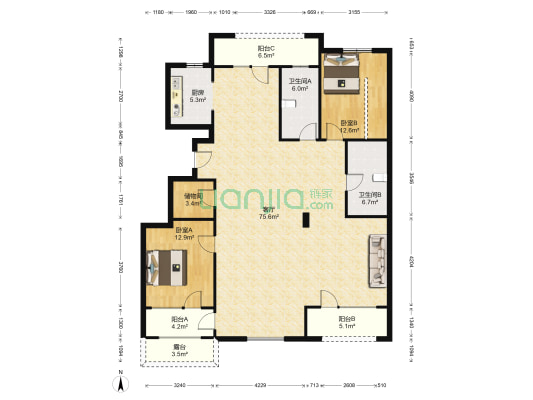 海尔绿城全运村玫瑰园 2室1厅2卫 173平方