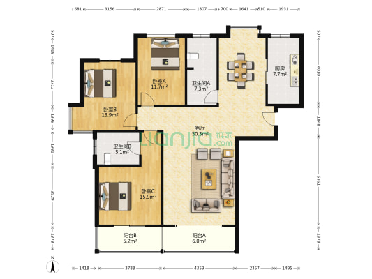 瑞源名嘉城 3室1厅2卫 157平方