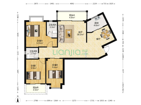 正祥香槟风范 3室1厅2卫 108平方