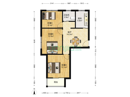 昱龙家园南区 3室1厅1卫 80平方