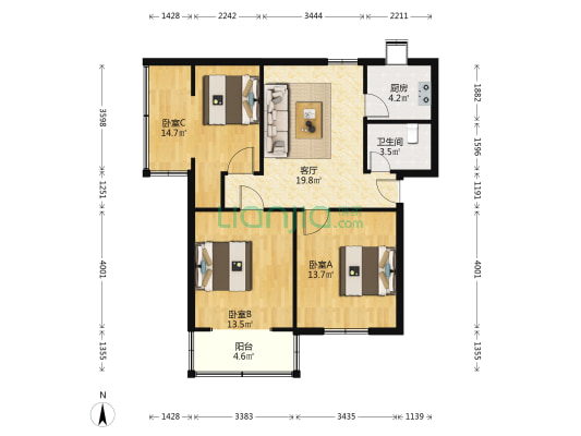 雄楚楼社区 3室1厅1卫 85平方