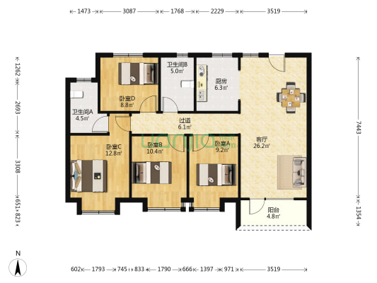 信达金地蓝庭 4室1厅2卫 128平方