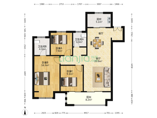 美的国宾府 3室1厅2卫 116平方