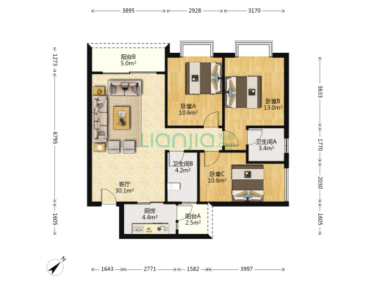 新城国际 3室1厅2卫 105平方