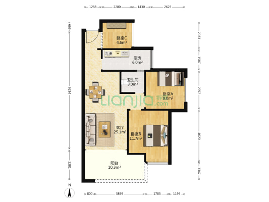 华恒中央公园 3室1厅1卫 76平方
