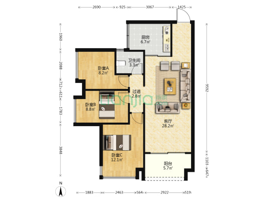 隆基绿洲花园二期 3室1厅1卫 89平方