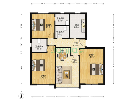 吴杨路100弄 3室1厅3卫 120平方