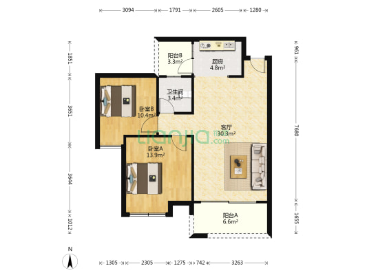 桂林国学府 2室1厅1卫 87平方