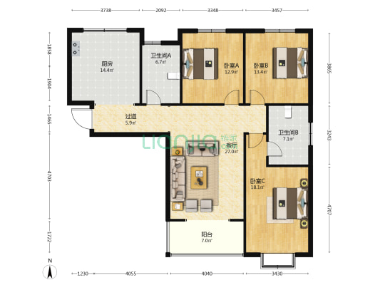 万浩俪城北院 3室1厅2卫 151平方
