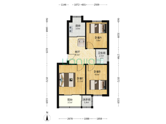 花园路3号 3室1厅2卫 59平方